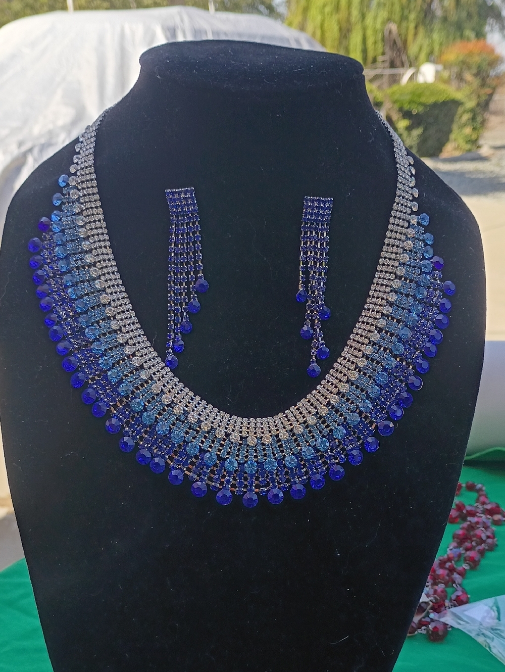 Blue Crystal Multi-Row Statement Necklace with Matching Earrings
